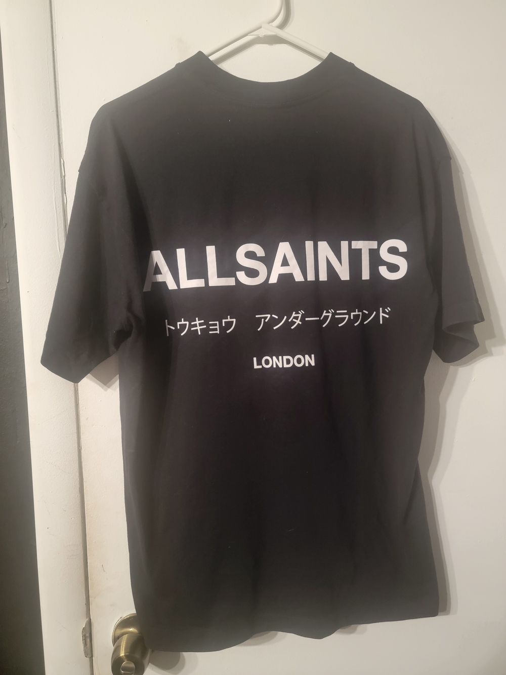 All Saints Black Graphic Logo Tee with White Text